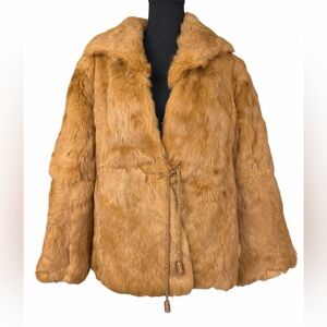 Vintage Rabbit Fur Coat Tan Brown Real Fur Jacket Double Hook Closure Pockets